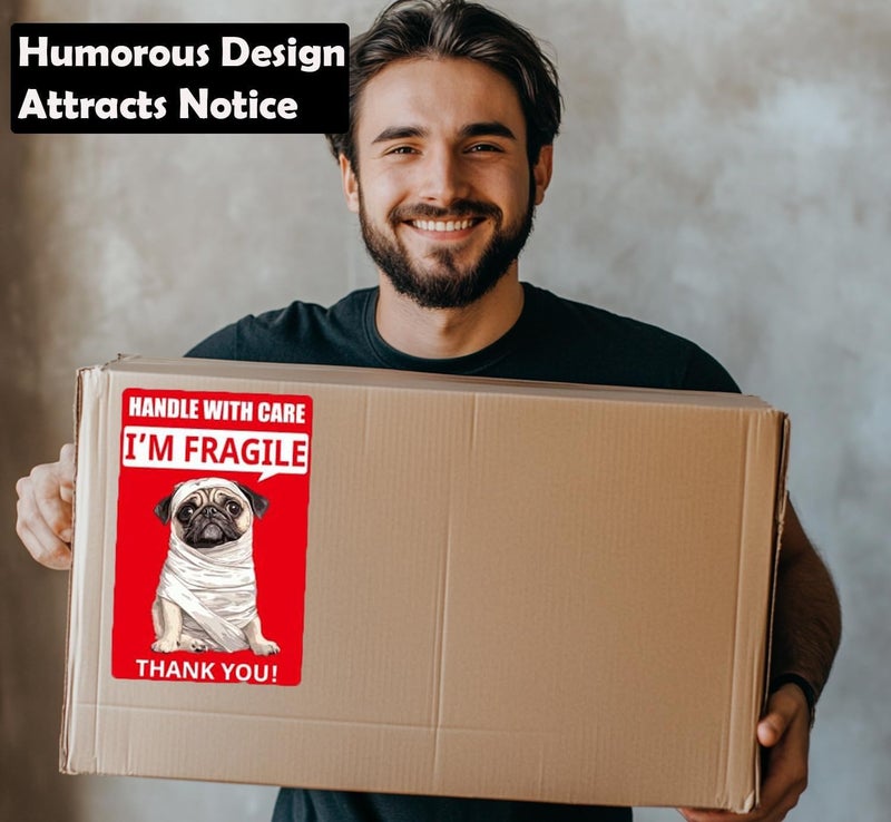 1step2dream ملصقات هشة مضحكة كبيرة بحجم 4x6 بوصة للشحن والتنقل - 100 قطعة بتصميم مومياء وكلب، لاصق دائم، ملصقات تعامل بحذر لصناديق التعبئة والزجاج والأشياء الحساسة - Image 5
